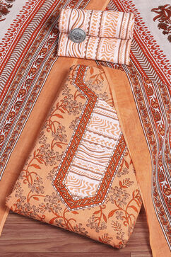 Peach-Colored Cotton Screen Print Unstitched Suit Set image number 0