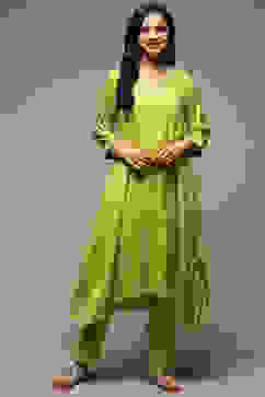 Lime Green Rayon Asymmetric Kurta Pants 2 Piece Set image number 6