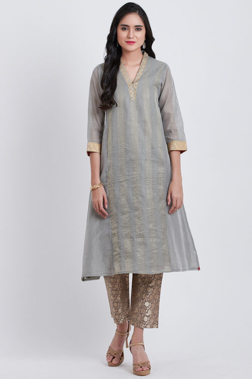 Grey Poly Cotton Flared Yarndyed Kurta image number 2