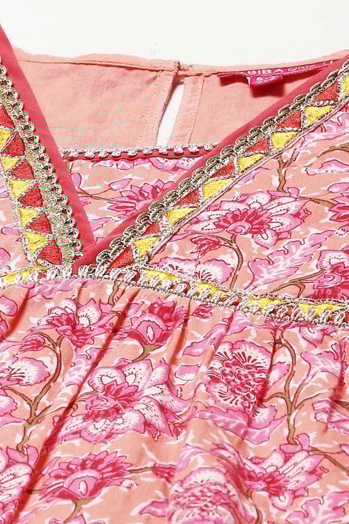 Peach Cotton Short Kurta Printed Suit Set image number 1