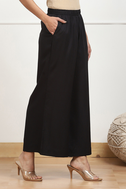 Navy Blue Viscose Solid Straight Palazzos image number 3