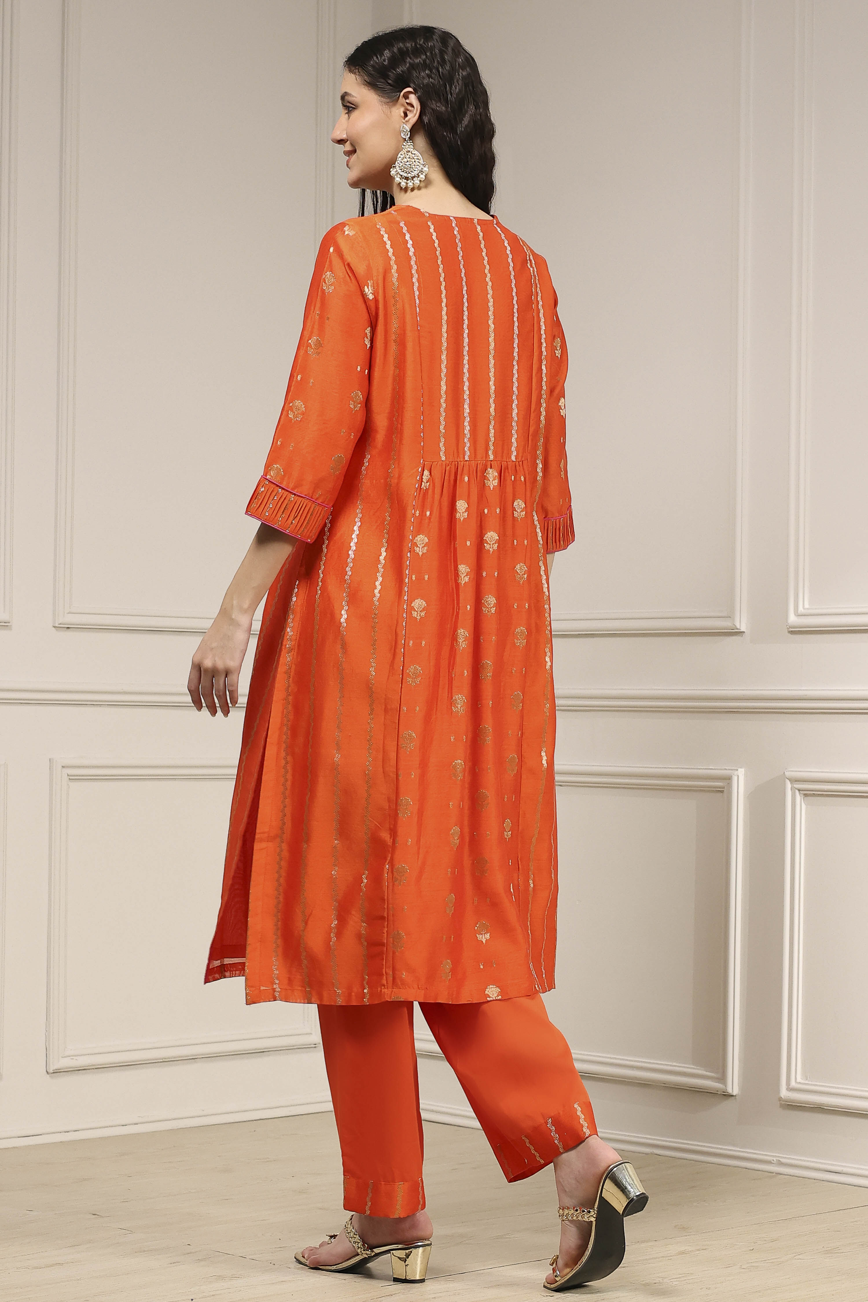 Orange Silk Embroidered Gathered Straight Suit Set image number 4