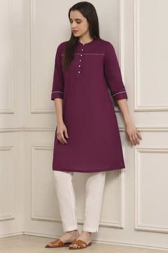 Wine Cotton Solid Straight Kurta