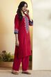 Red Viscose Rayon Yoke Printed Straight Kurta image number 3