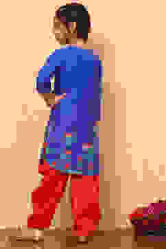 Blue and Red Cotton Printed Straight Suit Set image number 5