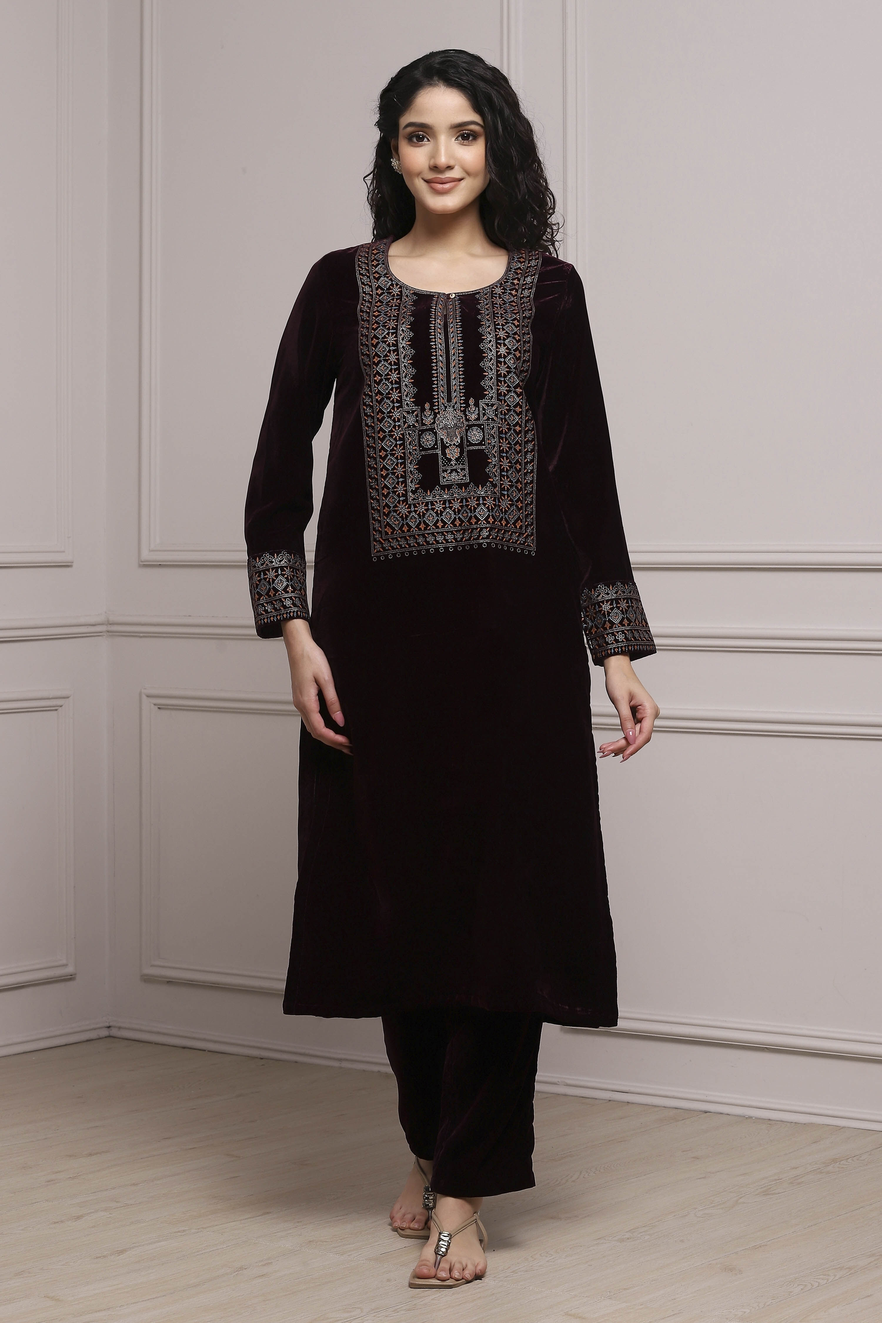 Wine Art Silk Straight Kurta Pants Set image number 0