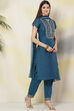 Teal Art Silk Straight Kurta Slim Pant Suit Set image number 5