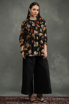 Rohit Bal Black Silk Chanderi Floral Printed Gathered Co-ord Set image number 5