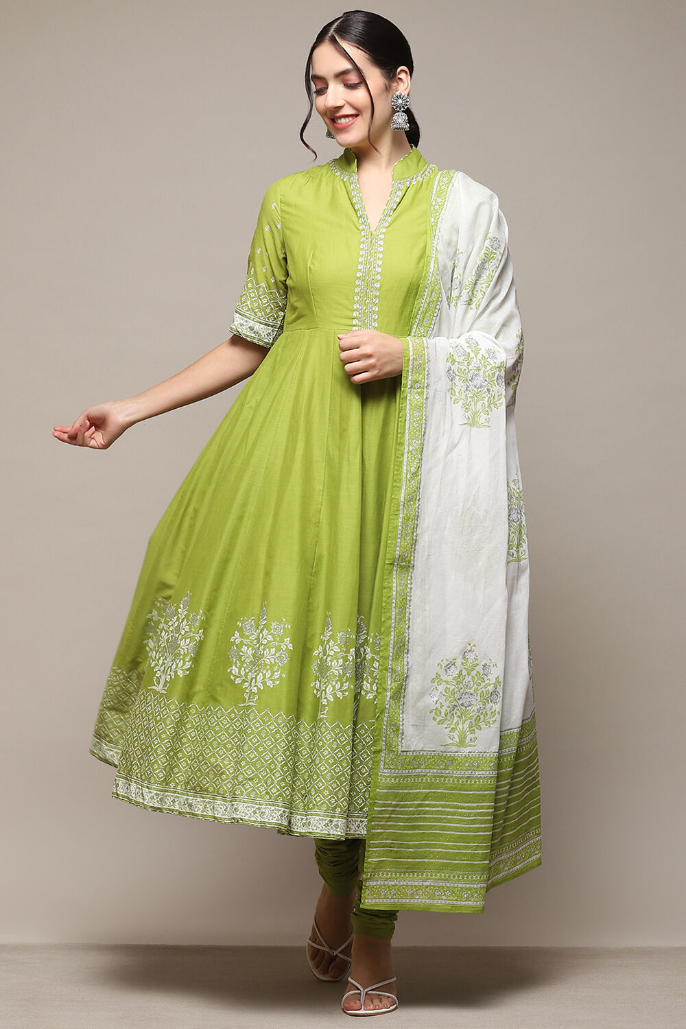 Green Cotton Anarkali Printed Kurta Churidar Suit Set image number 0