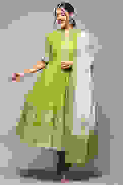 Green Cotton Anarkali Printed Kurta Churidar Suit Set image number 0