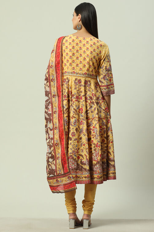 Beige Cotton Anarkali Kurta Churidar Suit Set image number 4