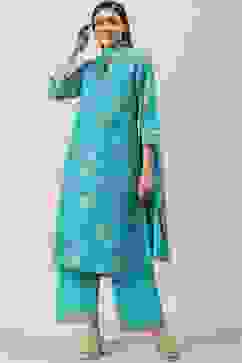 Turquoise Printed Cotton Straight Suit Set image number 0