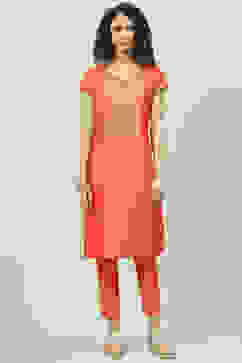 Coral Art Silk Straight Kurta Slim Pants Suit Set image number 7