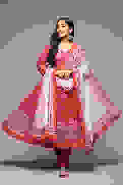 Red Cotton Anarkali Kurta Churidar Suit Set image number 0