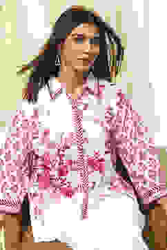 White and Pink Cotton High-Low Straight Shirt image number 0