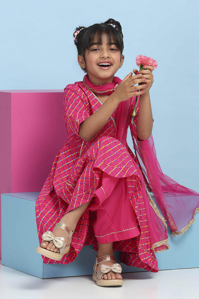 BIBA Pink Cotton Printed Anarkali Suit Set in Pink