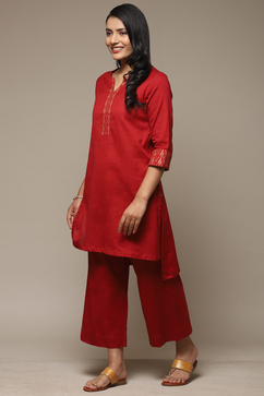 Red Cotton Blend Straight Kurta Palazzo Suit Set image number 3