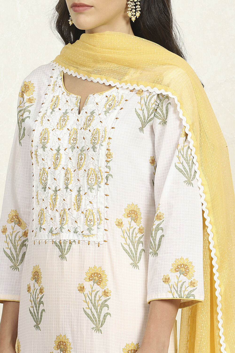 Yellow and White Printed Cotton Unstitched Suit Set image number 2