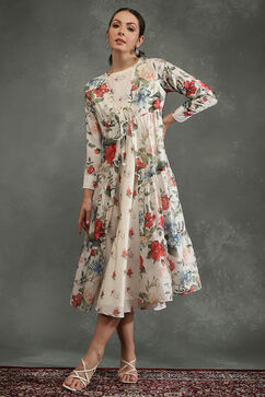 Rohit Bal Ivory Silk Chanderi Floral Front-Open Dress image number 0