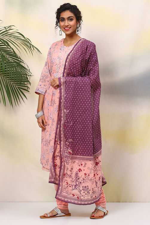 Pink Cotton A-Line Kurta Churidar Suit Set image number 6