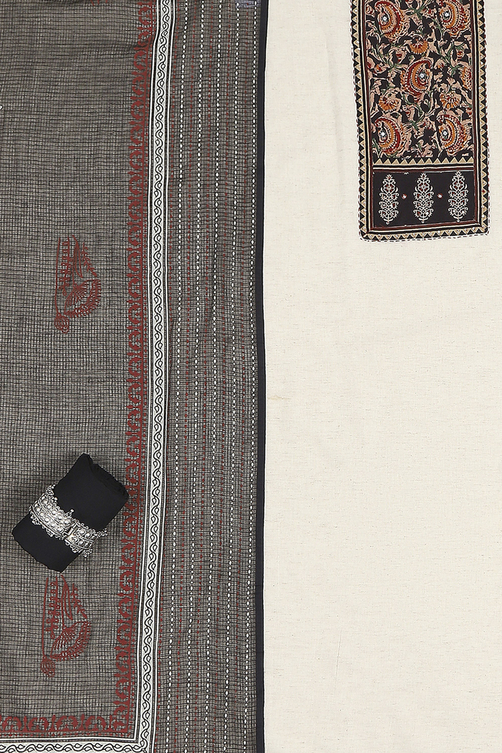 Off-White-Red Flex Hand Block Print Unstitched Suit Set image number 1