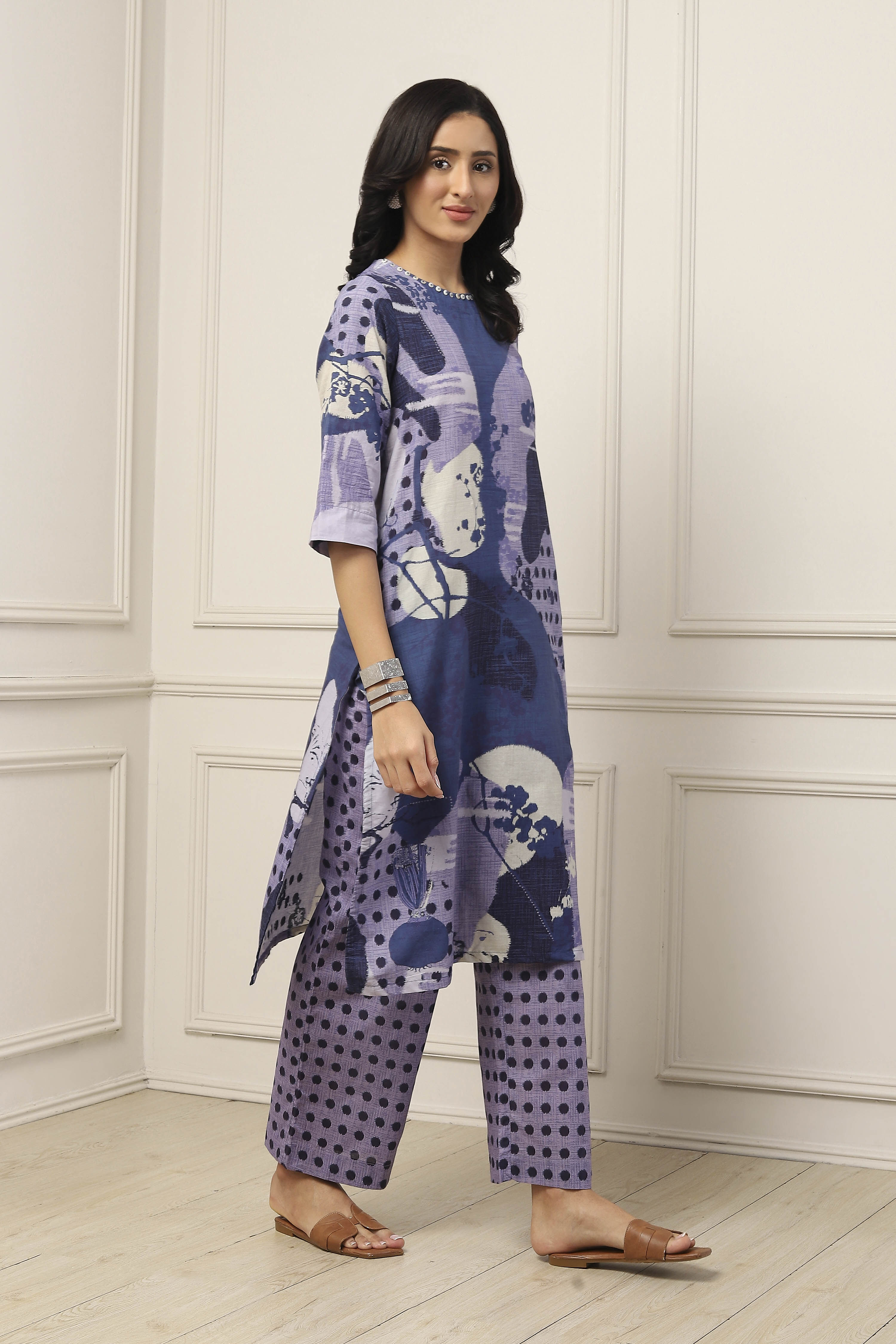Blue Cotton Abstract Printed Straight Suit Set image number 5