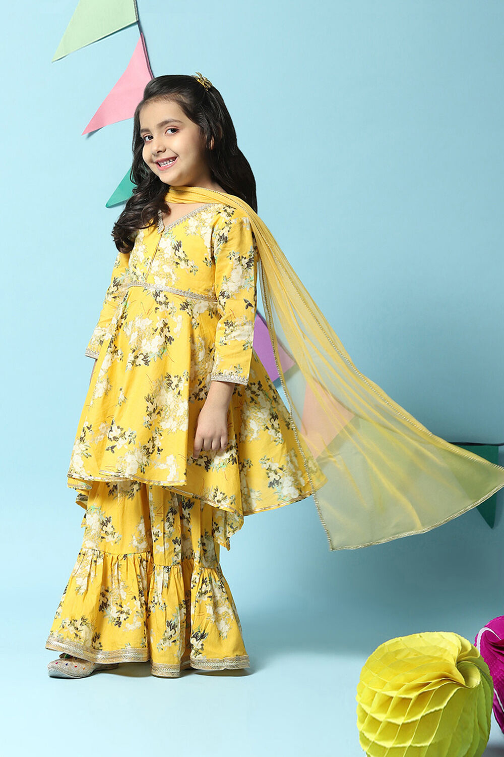 Yellow Cotton Gathered Kurta Garara Suit Set image number 5