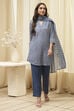 Grey & Pink Art Silk Straight Kurta Pant Suit Set image number 6