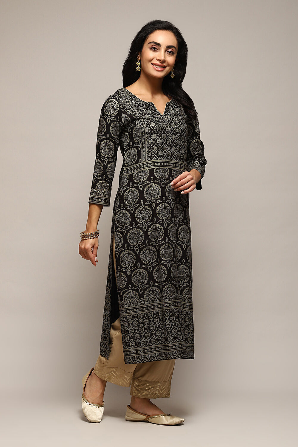 Black LIVA Straight Printed Kurta image number 3