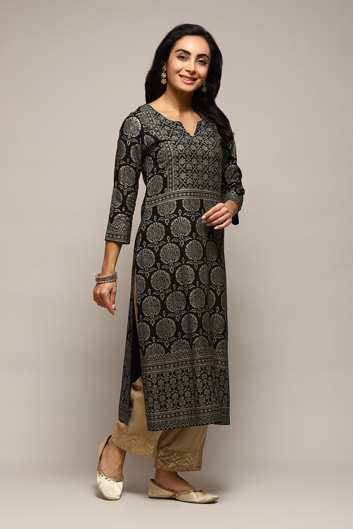 Black LIVA Straight Printed Kurta image number 3