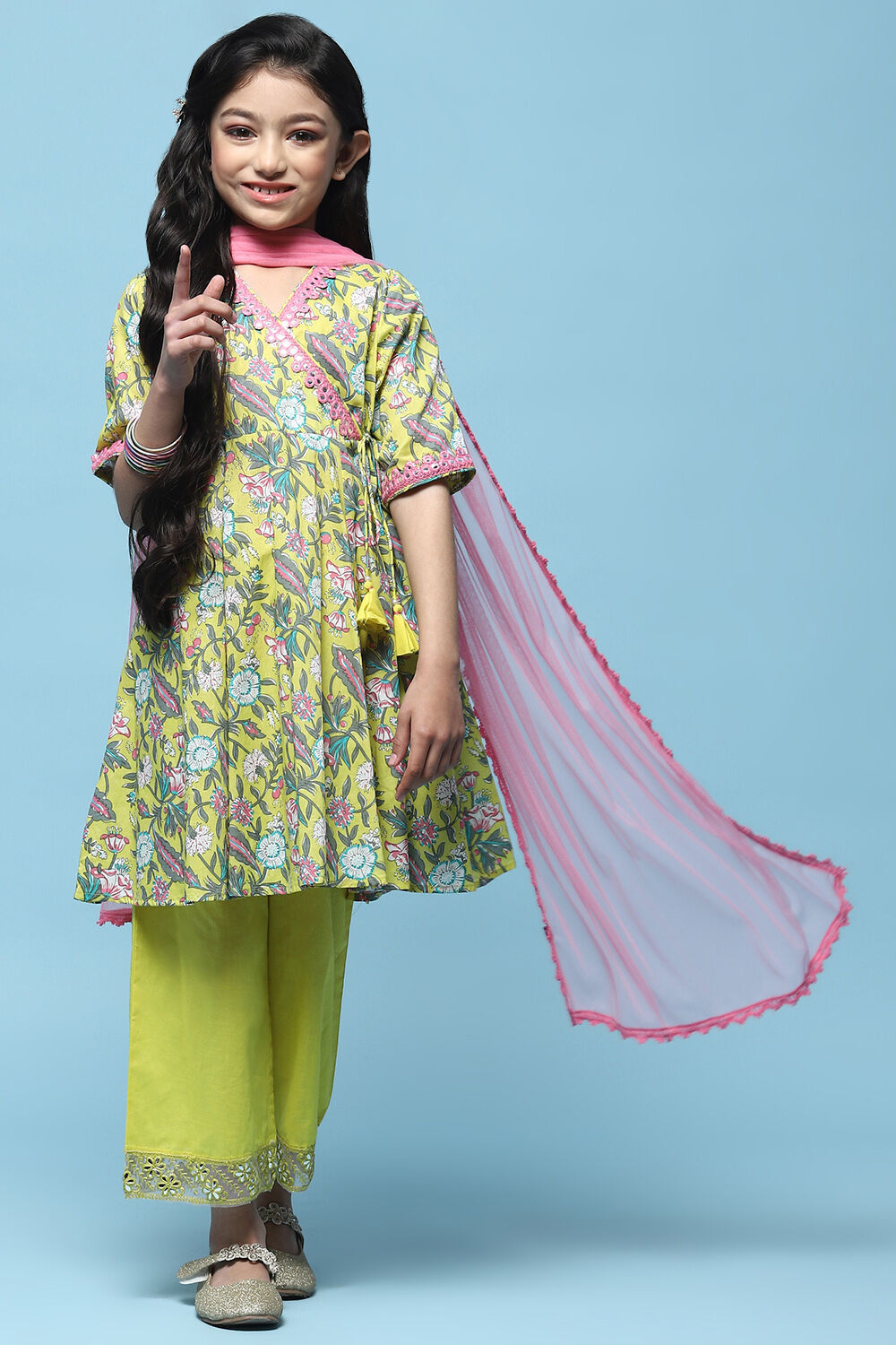Yellow Cotton Printed Angrakha Flared Suit Set image number 7