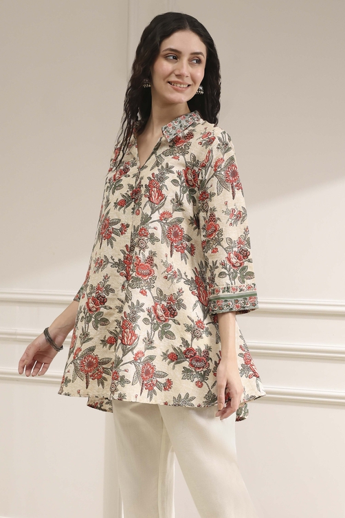 Off-White and Red Cotton A-Line Shirt image number 2