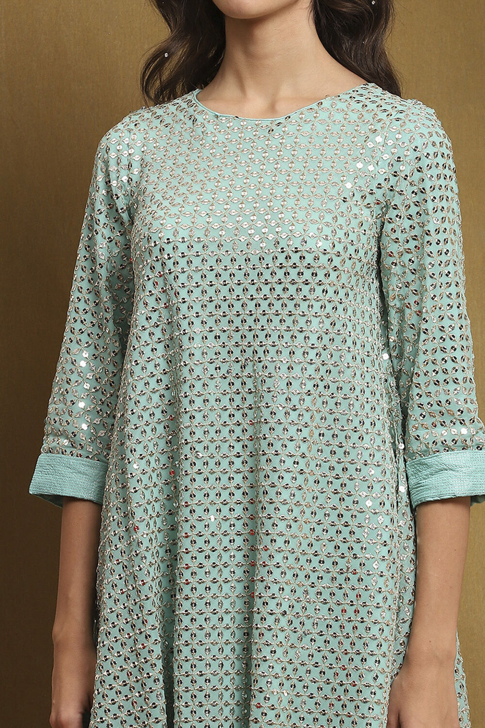 Aqua Blue Viscose Blend Embellished Asymmetric Kurta Set image number 1