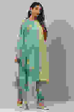 Sea Green And Pale Yellow Poly Viscose Asymmetric Kurta Pant Suit Set image number 7