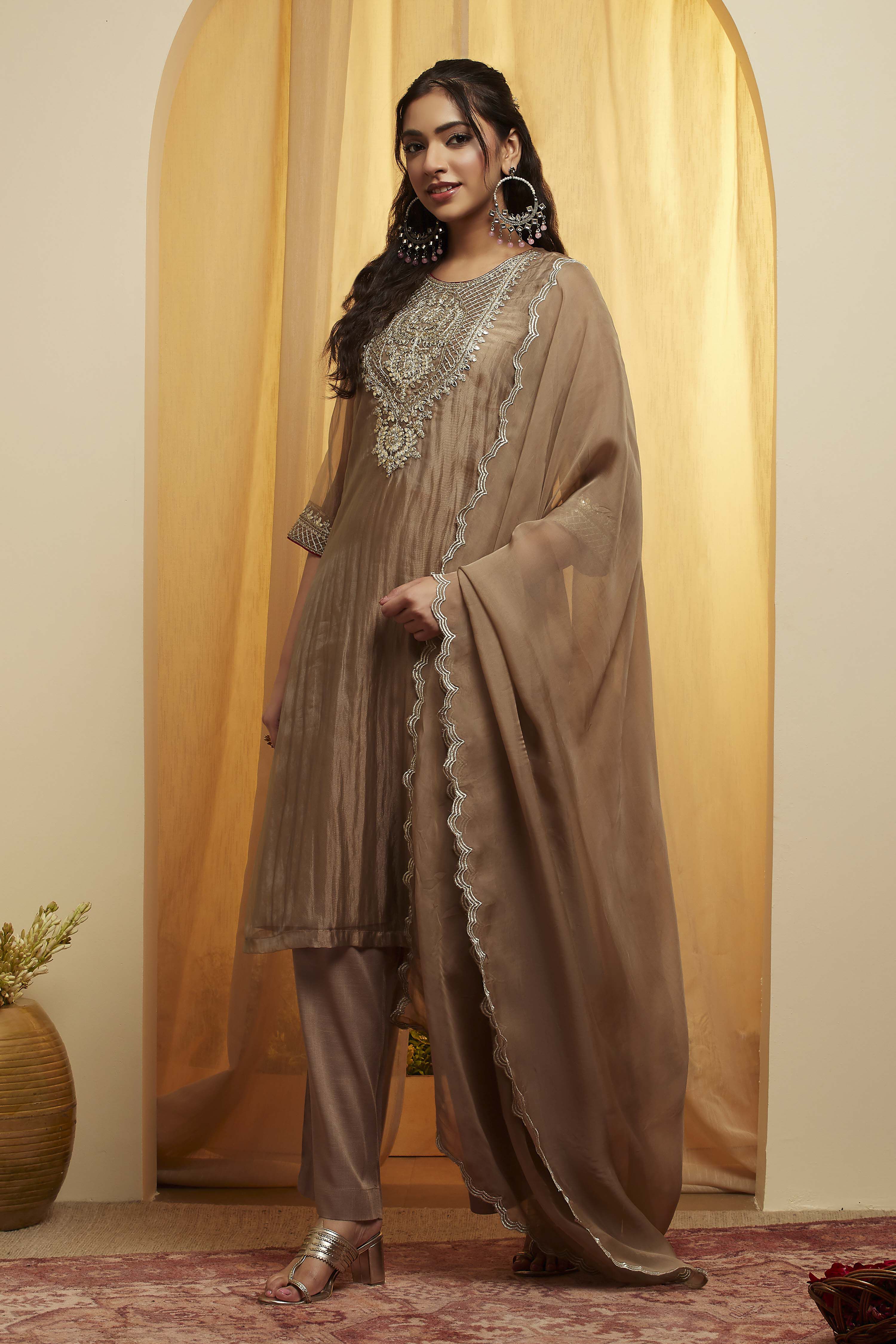biba Grey Viscose Metallic Straight Suit SetGrey Viscose Metallic Straight Suit Set-picture-545