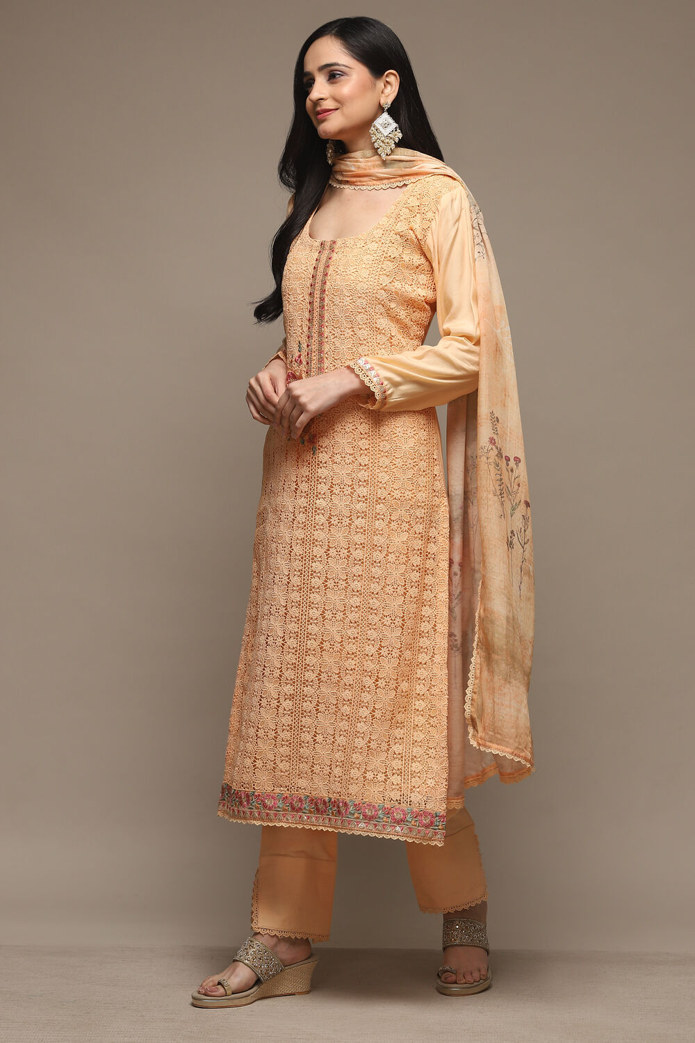 Peach Muslin Lace Unstitched Suit Set image number 5