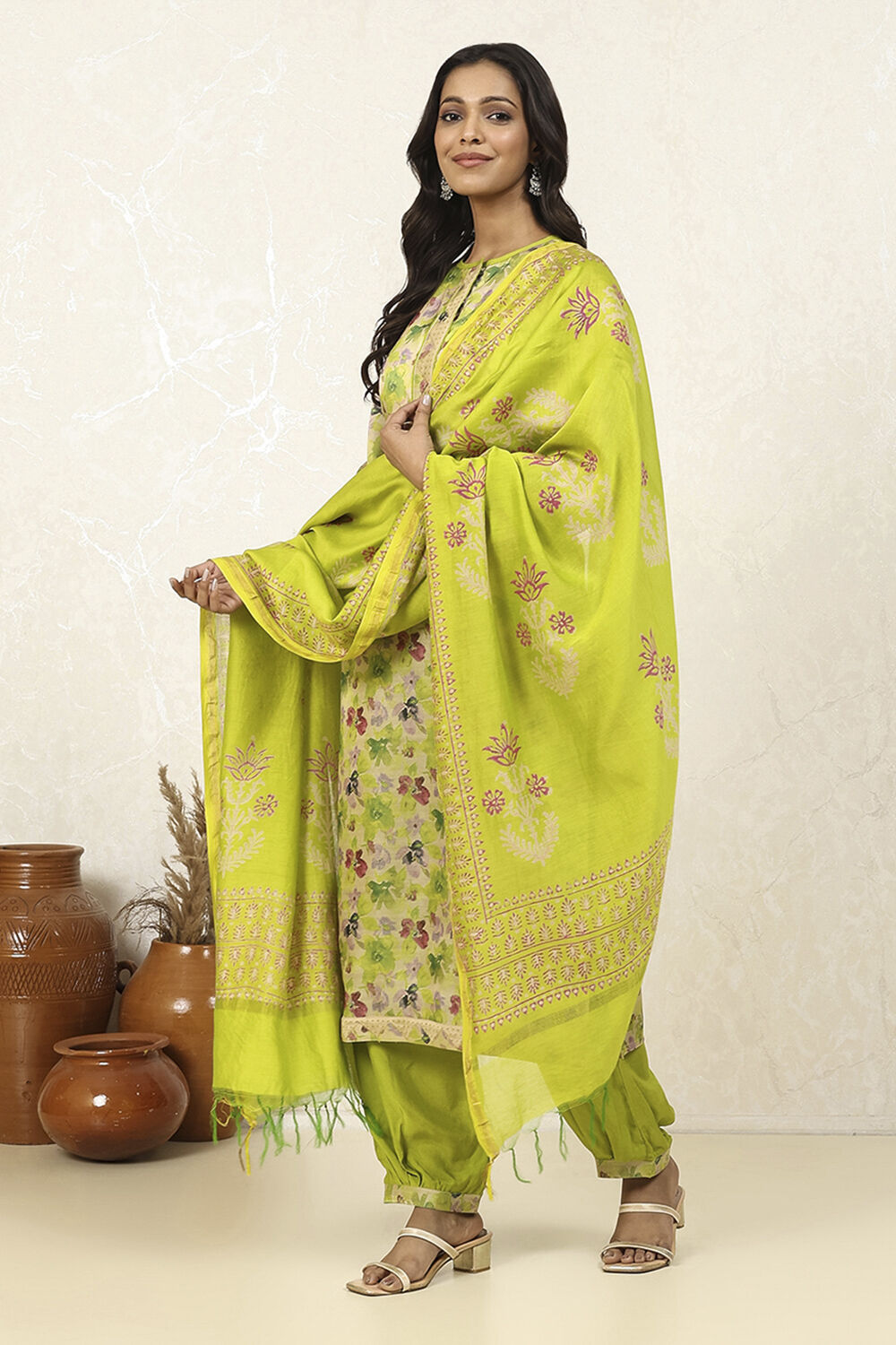 Green Cotton Hand Block Print Unstitched Suit Set image number 4