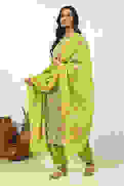 Green Cotton Hand Block Print Unstitched Suit Set image number 4