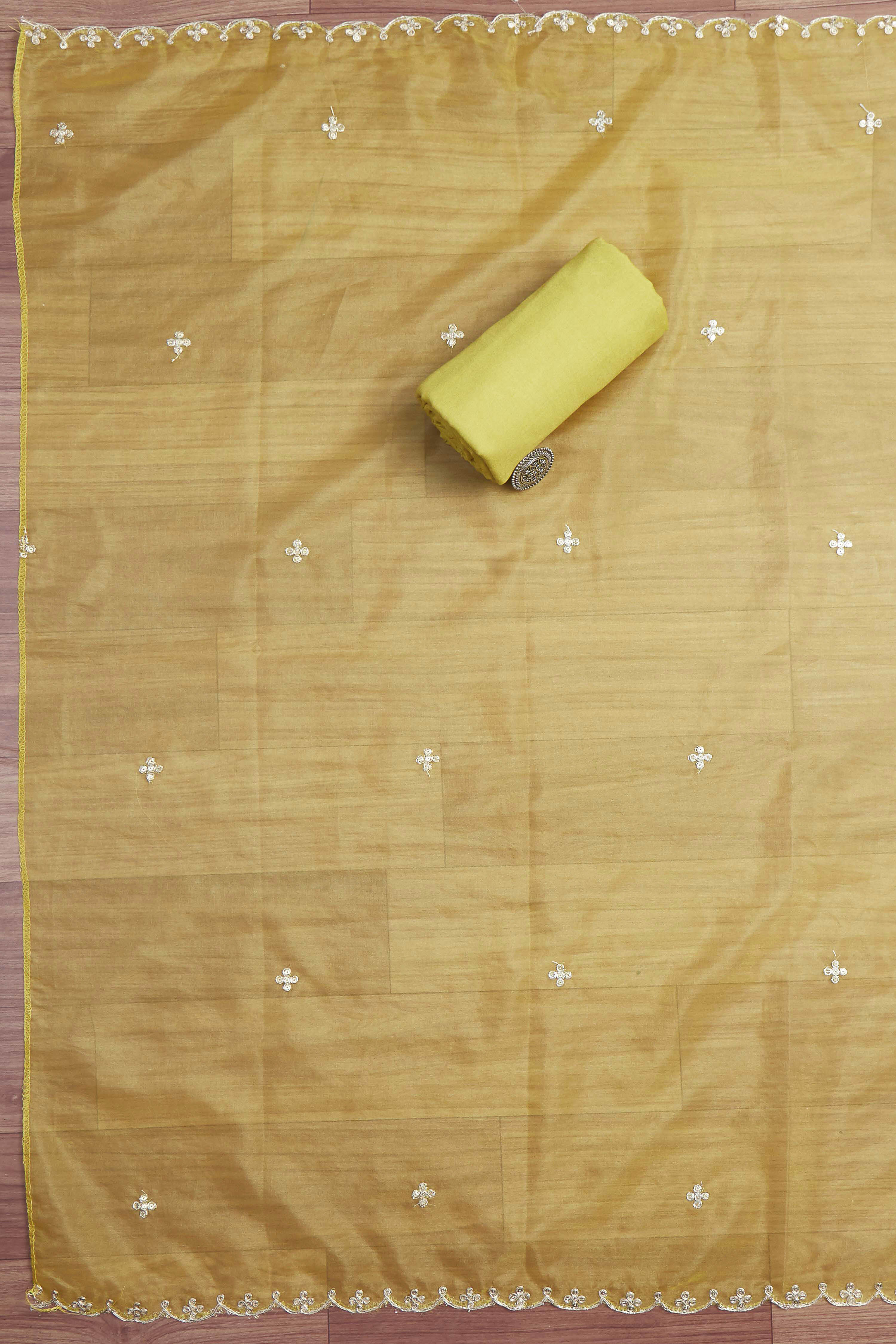 Peach-Colored Organza Rajasthani Print Unstitched Suit Set image number 3