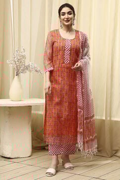 Coral Cotton Hand Block Print Unstitched Suit Set image number 7