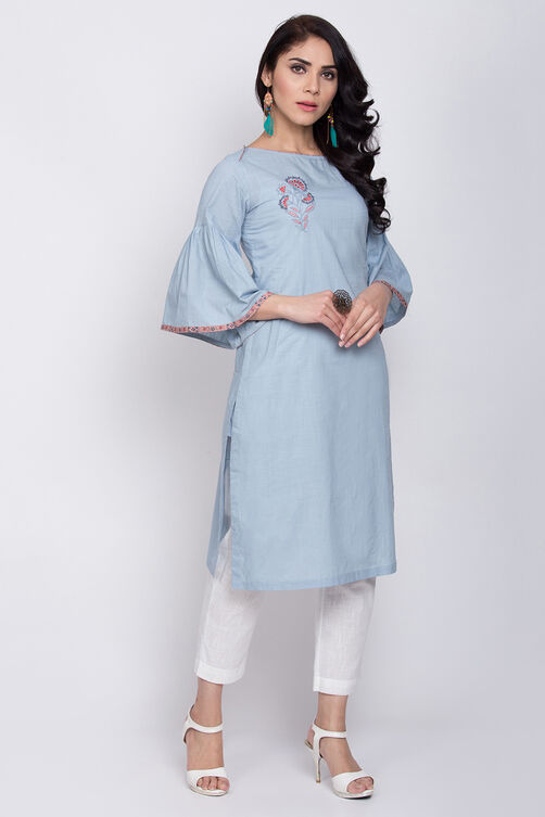 Blue Cotton Straight Kurta image number 3