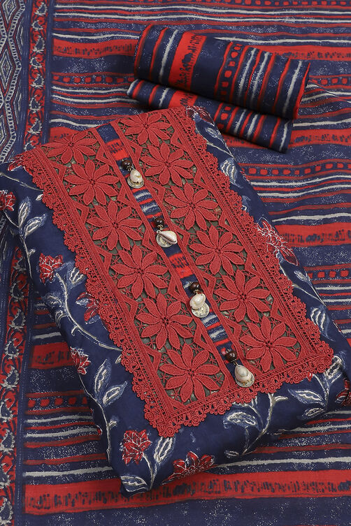 Navy Blue Cotton Unstitched Suit Set image number 3