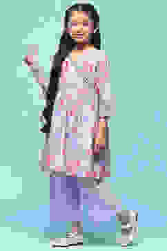 Lavender Printed Cotton Gathered Kurta & Solid Palazzo  image number 3