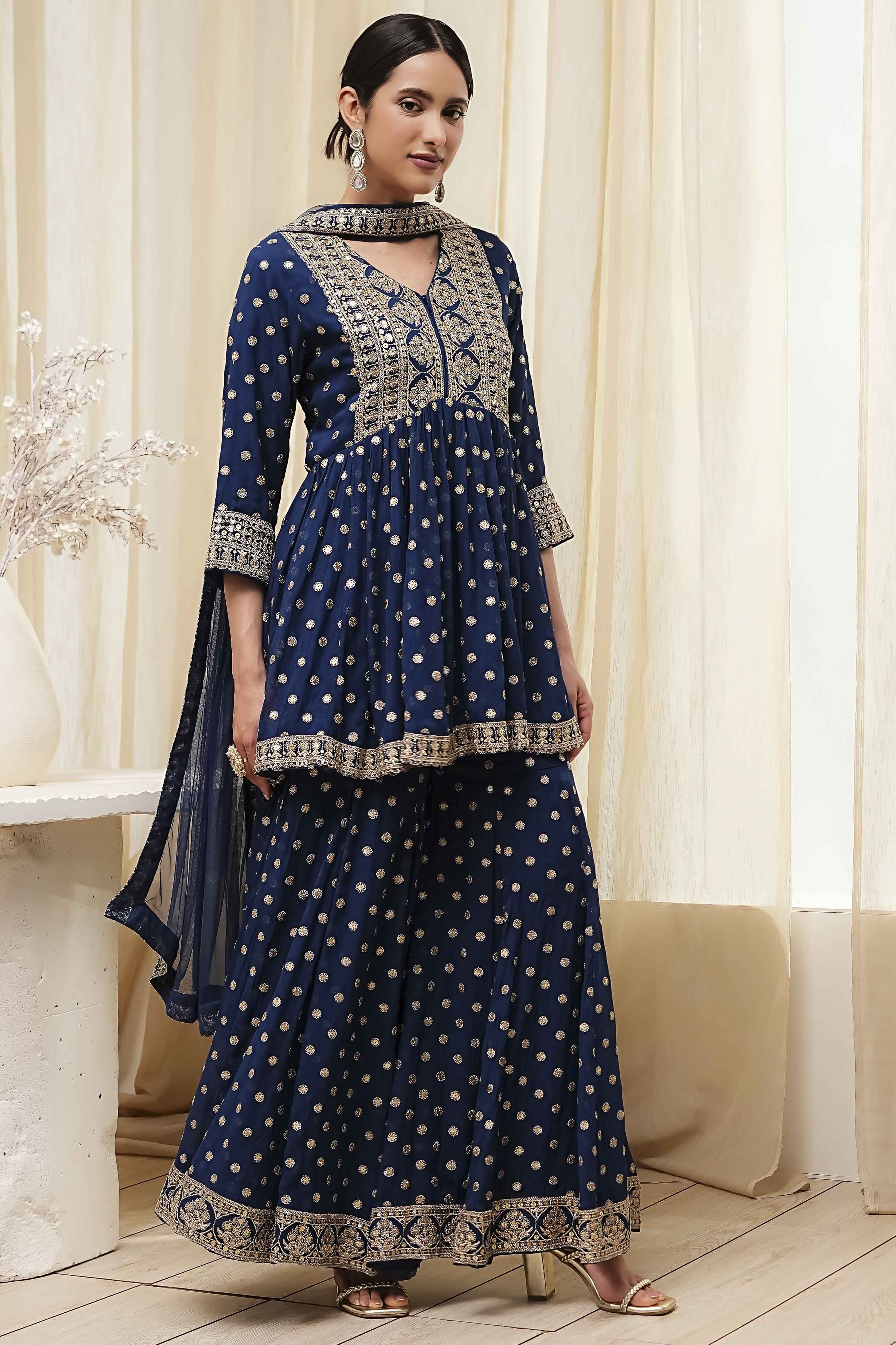 Ivory Georgette Embroidered Peplum Suit Set image number 6