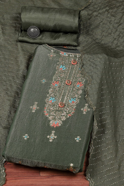 Metalic & Green Banarasi Silk Digital Print Unstitched Suit Set image number 0