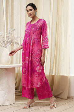 Pink Cotton Printed Pleated Kurta Set image number 3