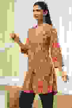 Rust Printed Straight Short Kurta image number 2