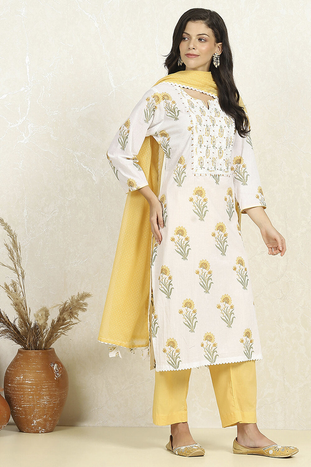Yellow and White Printed Cotton Unstitched Suit Set image number 6