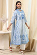 Off-White and Blue Cotton Floral Kalidar Suit Set image number 5