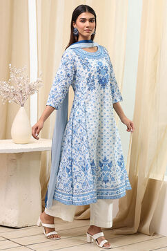Off-White and Blue Cotton Floral Kalidar Suit Set image number 5